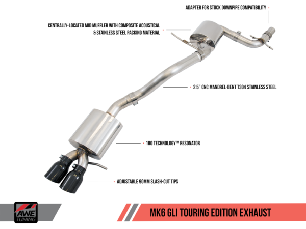 AWE Tuning Mk6 GLI 2.0T - Mk6 Jetta 1.8T Touring Edition Exhaust - Diamond Black Tips on Sale